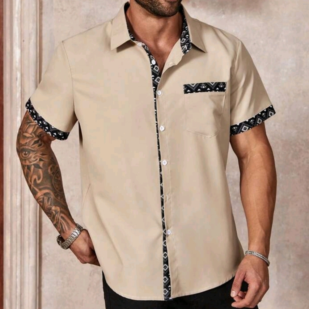 NWOT Manfinity Button Down Loose S/S Shirt w/ Geometric Print, 1X, Khaki… - Picture 3 of 6